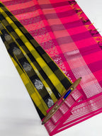 VSKC550 - yellow with navy blue color body , rani pink color pallu , blouse.