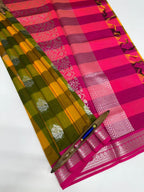 VSKC543 - yellow with green color body , rani pink color pallu , blouse.