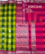 VSKC546 - lemon yellow with green color body , rani pink color pallu , blouse.