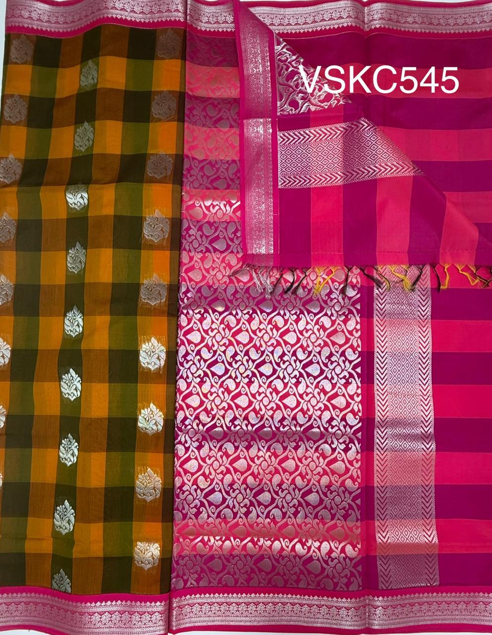 VSKC545 - mustard yellow with green color body , rani pink color pallu , blouse.