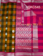 VSKC545 - mustard yellow with green color body , rani pink color pallu , blouse.