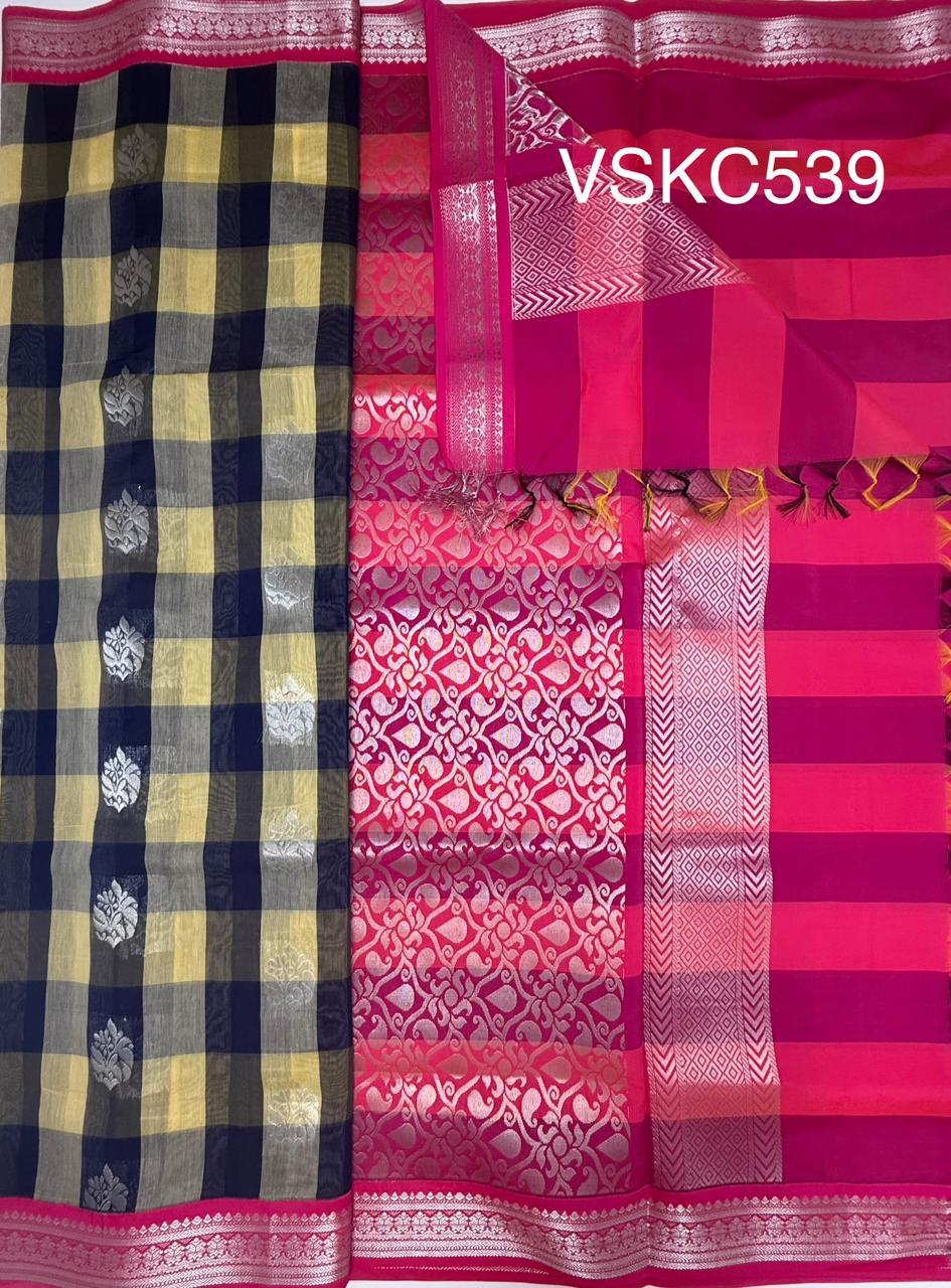 VSKC539 - navy blue with sandal color body , rani pink color pallu , blouse.