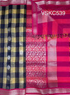 VSKC539 - navy blue with sandal color body , rani pink color pallu , blouse.