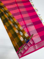 VSKC547 - mango yellow with violet color body , rani pink color pallu , blouse.