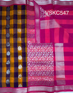 VSKC547 - mango yellow with violet color body , rani pink color pallu , blouse.