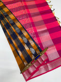 VSKC545 - mustard yellow with green color body , rani pink color pallu , blouse.