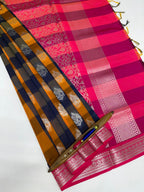 VSKC545 - mustard yellow with green color body , rani pink color pallu , blouse.