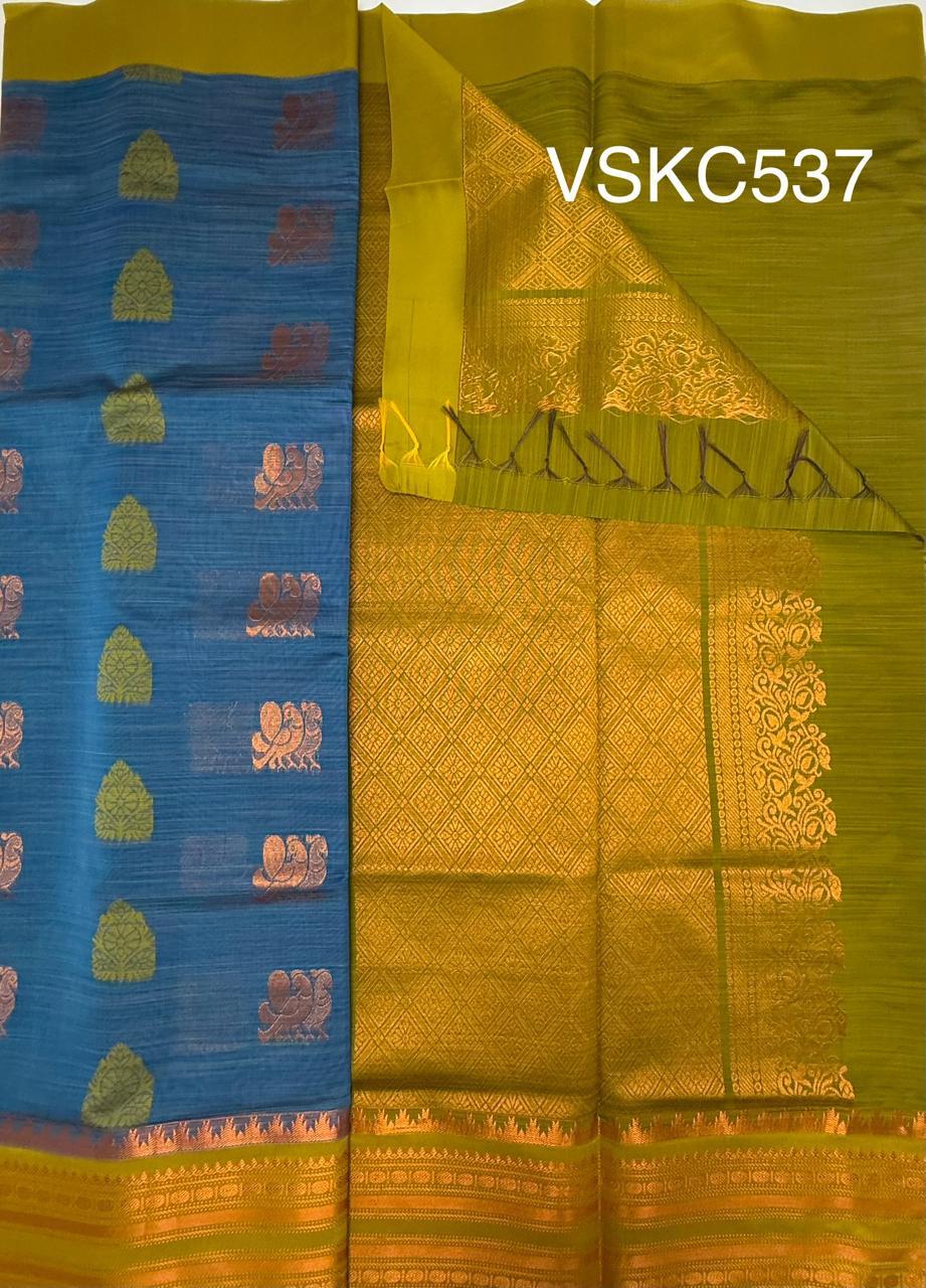 VSKC537 - blue color body , radium green color pallu , blouse.