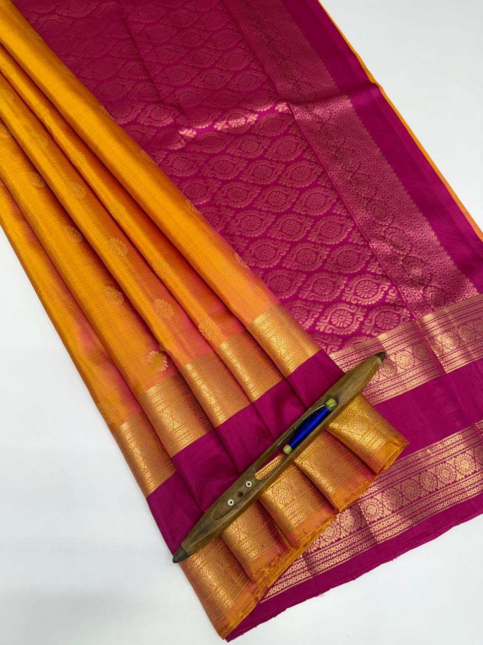 VSF910 - yellow with pink color body , rani pink color pallu,blouse - Pure silk saree