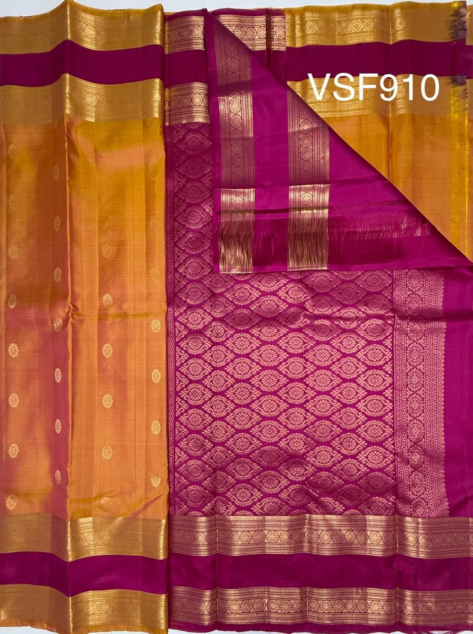 VSF910 - yellow with pink color body , rani pink color pallu,blouse - Pure silk saree