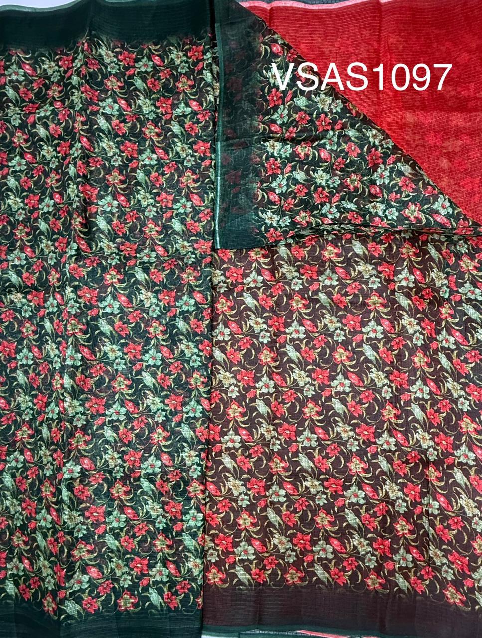 VSAS1097 - bottle green color body , red color pallu , blouse.