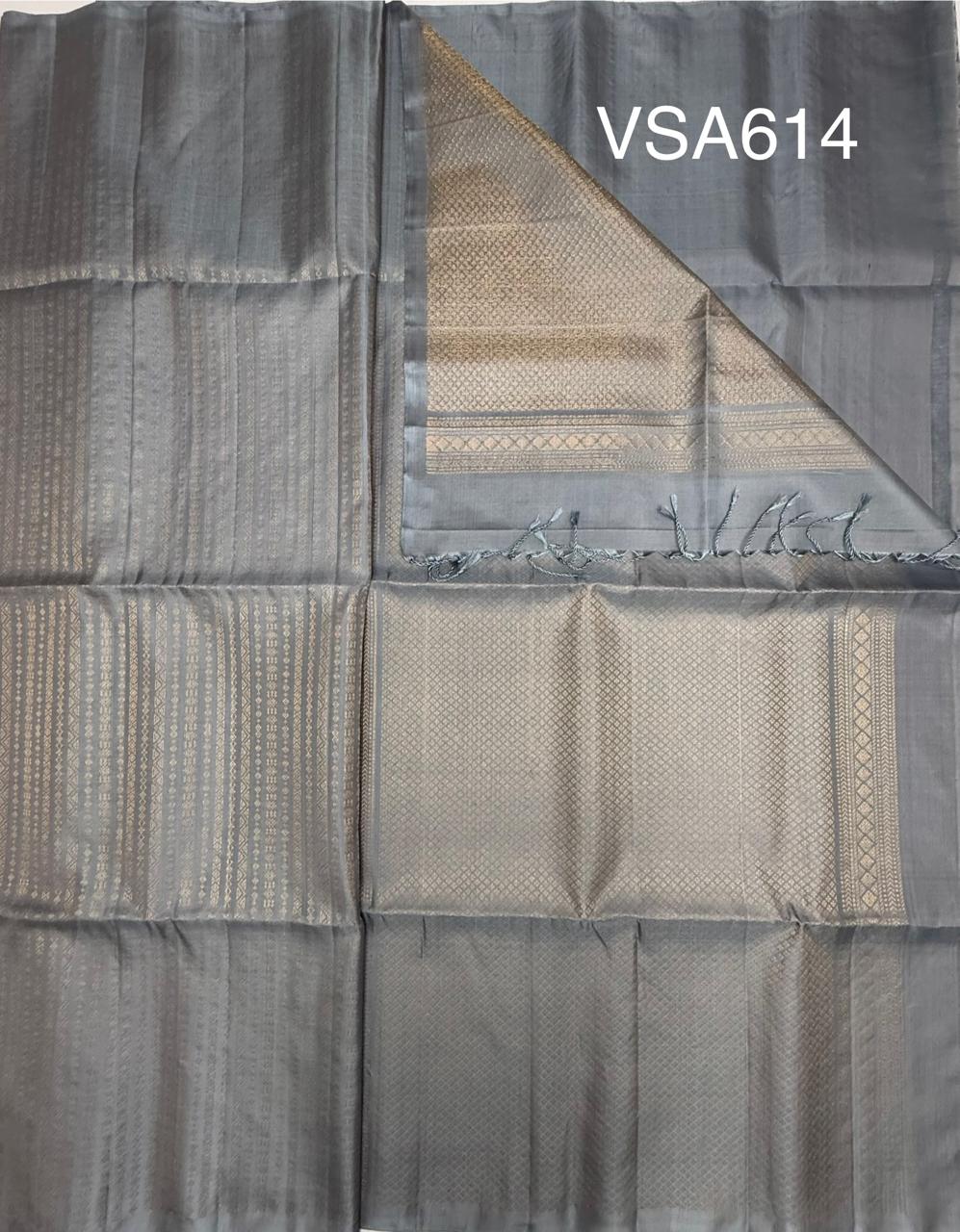 VSA614 - silver grey color body, pallu , blouse pure silk saree