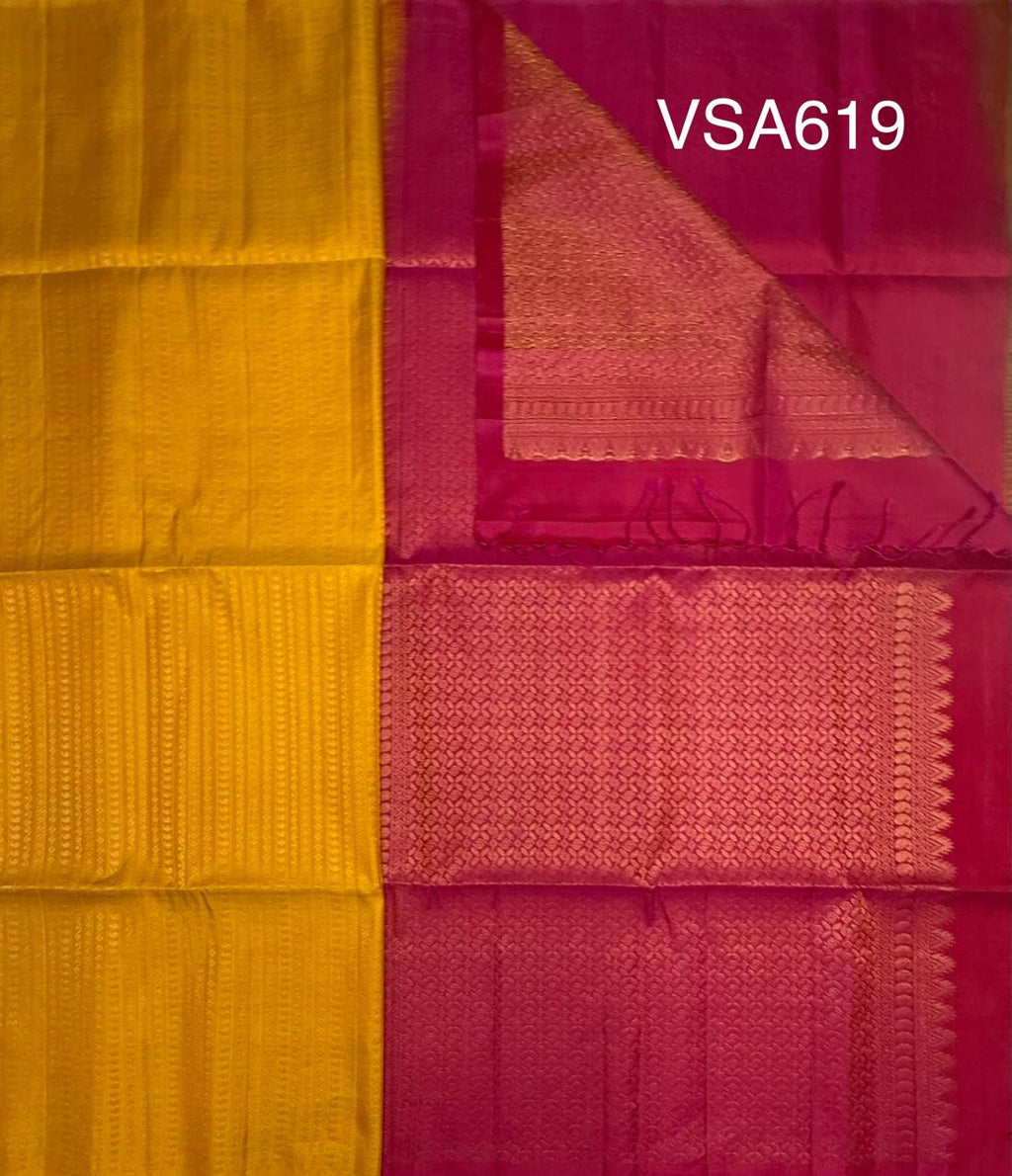 VSA619 - yellow color body & pink color pallu , blouse pure silk saree