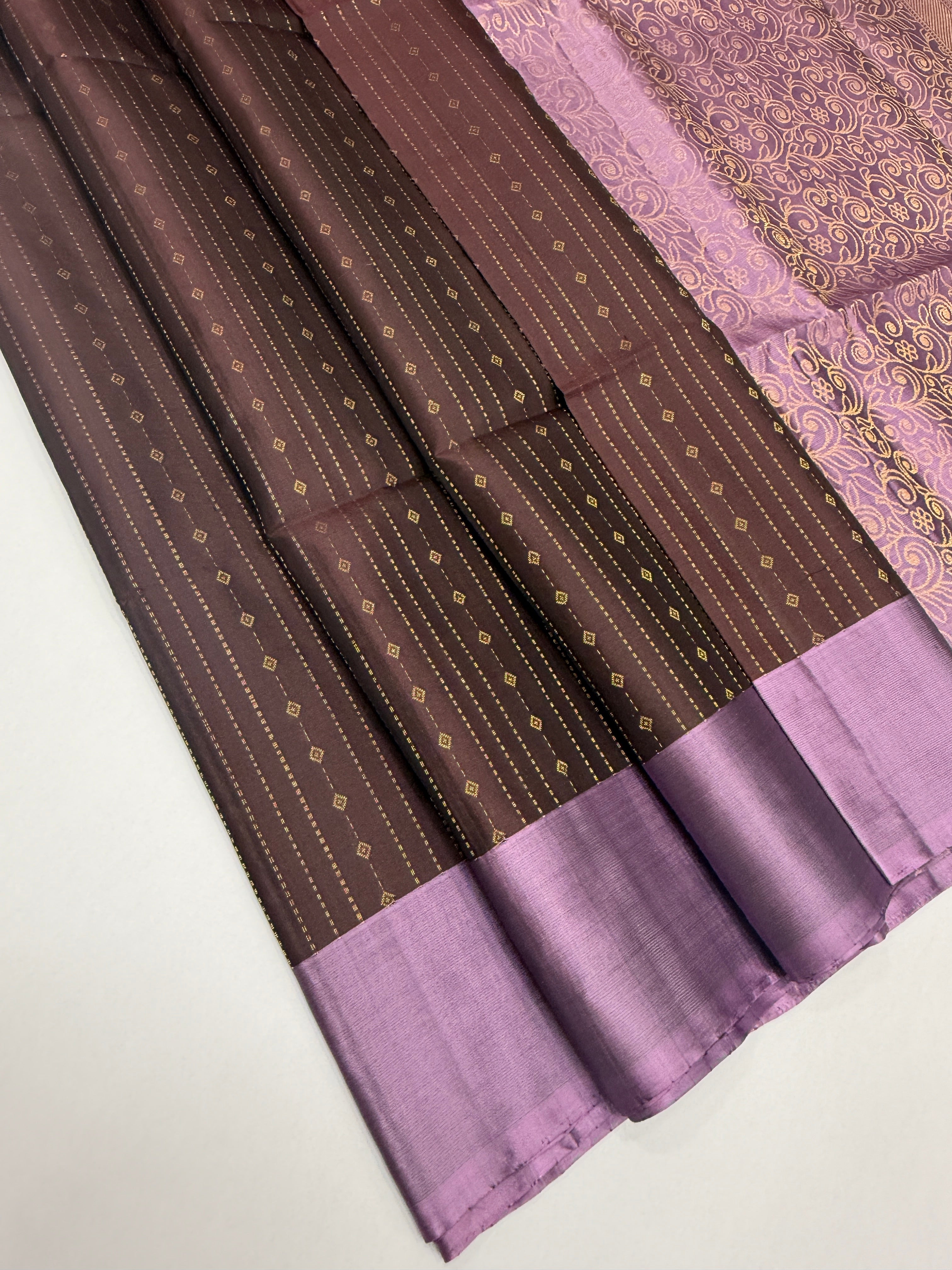 VSF1114 - brown color body , lavender color pallu,blouse - Pure silk saree