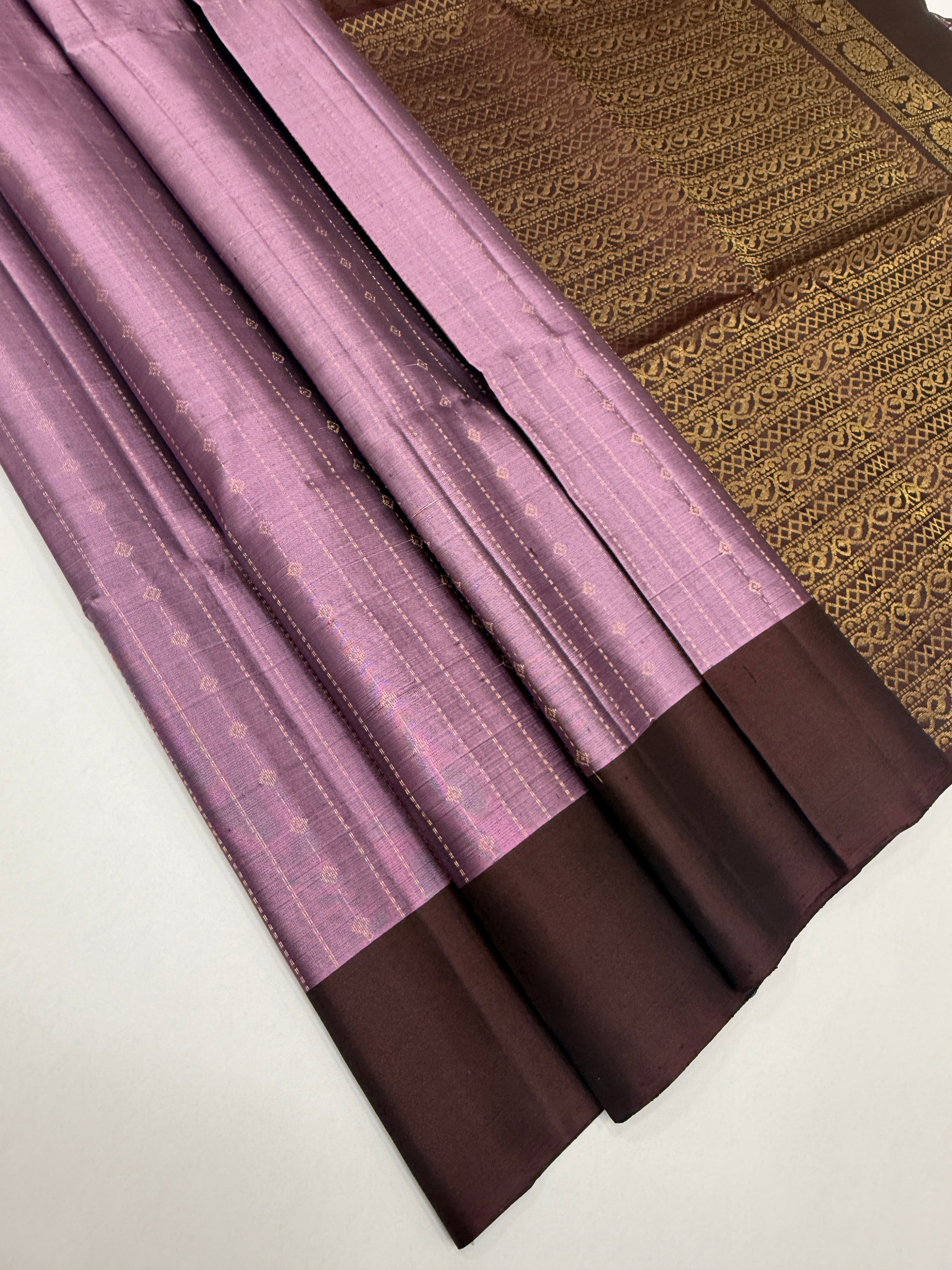 VSF1115 - lavender color body , brown color pallu,blouse - Pure silk saree