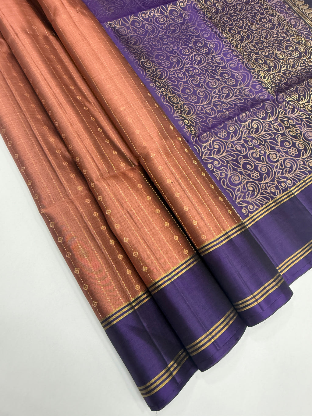 VSF1116 - peach with black color body , violet color pallu,blouse - Pure silk saree