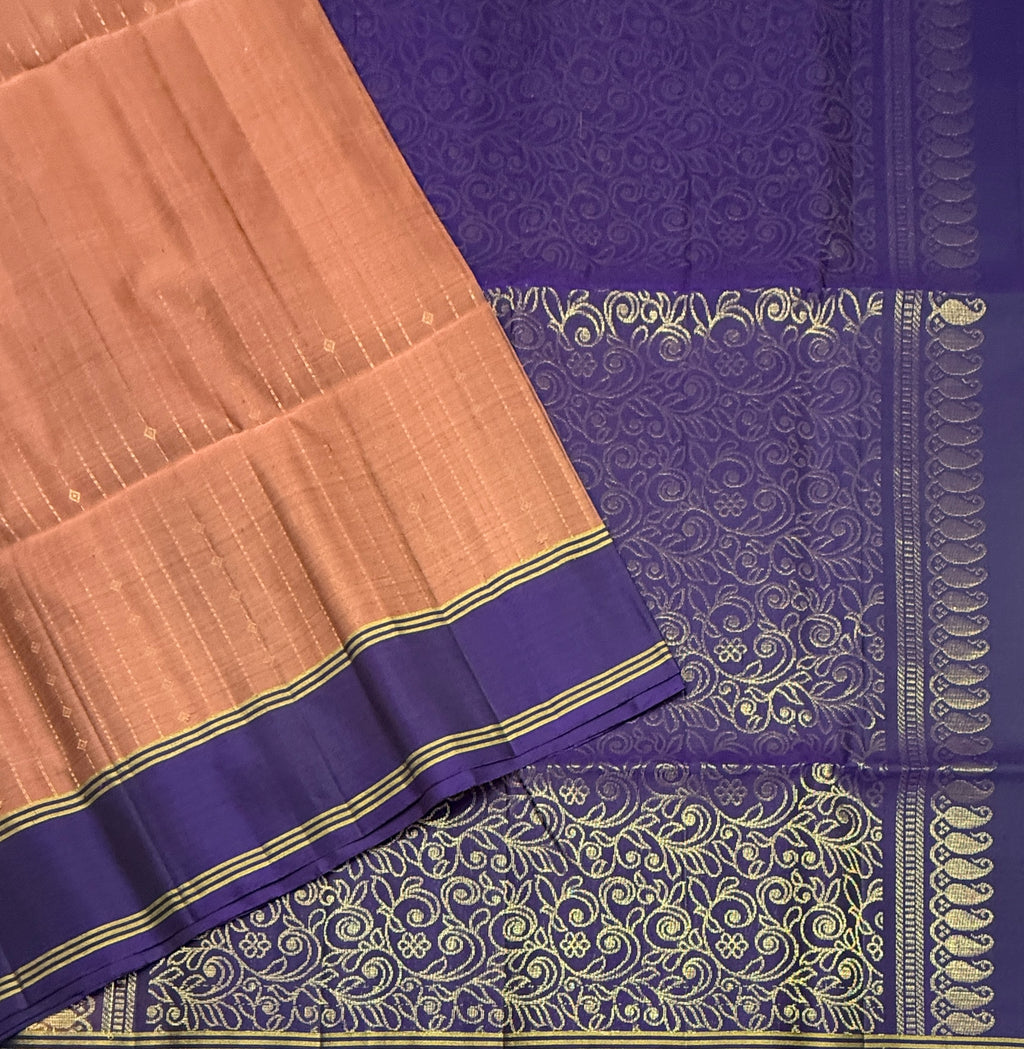 VSF1116 - peach with black color body , violet color pallu,blouse - Pure silk saree