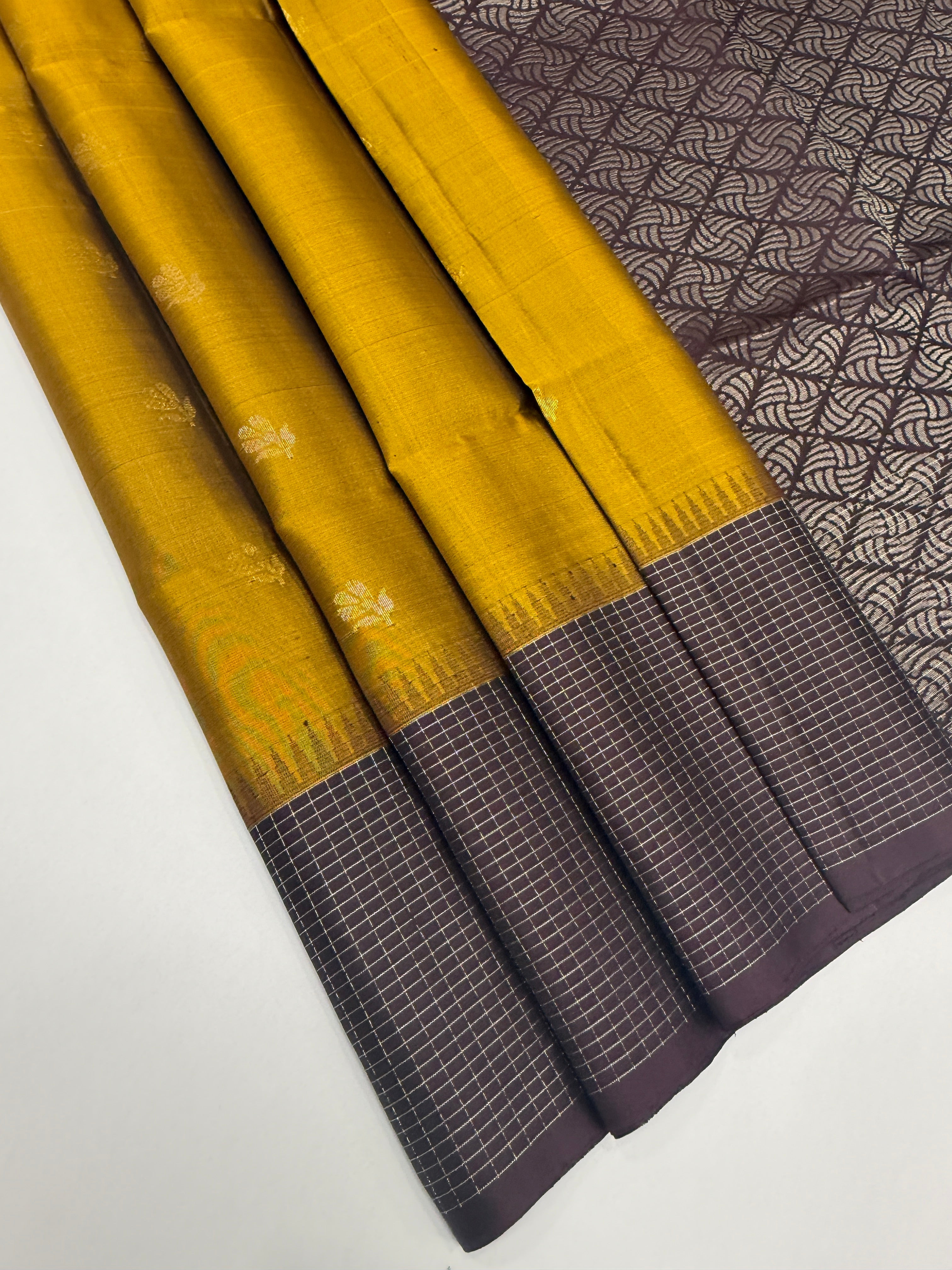 VST278 - mustard color body , dark purple color pallu , blouse - Pure silk saree