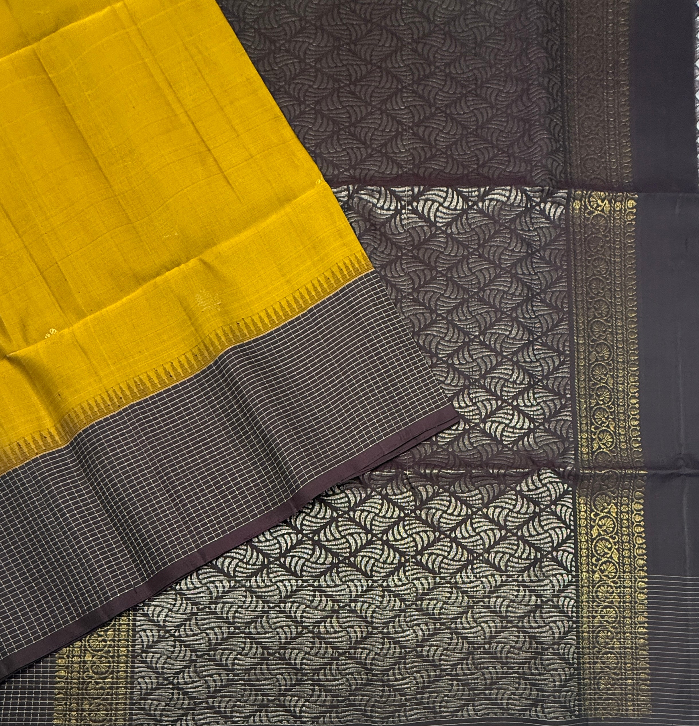 VST278 - mustard color body , dark purple color pallu , blouse - Pure silk saree