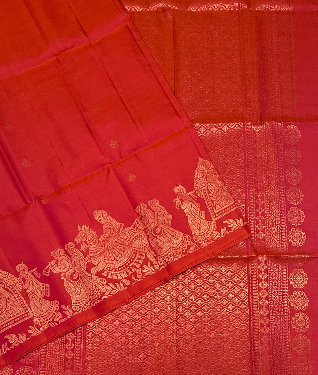 VST282 - pinkish orange color body, color pallu , blouse - Pure silk saree