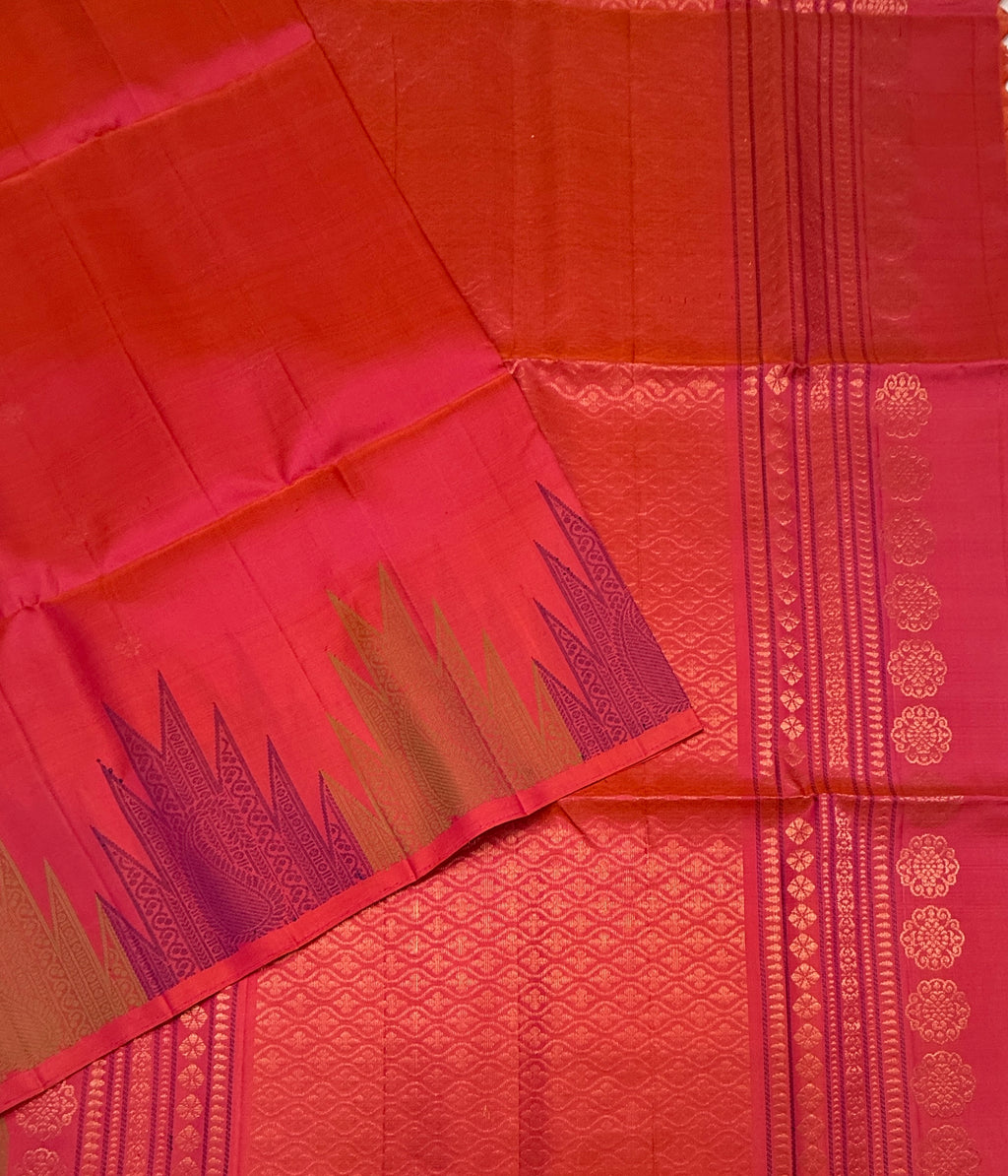 VST284 - ppinkish orange color body , color pallu , blouse - Pure silk saree