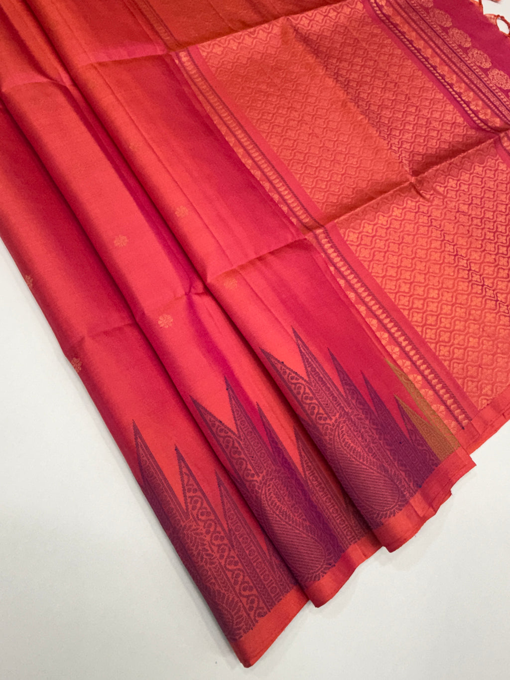 VST286 - pinkish orange green color body , color pallu , blouse - Pure silk saree