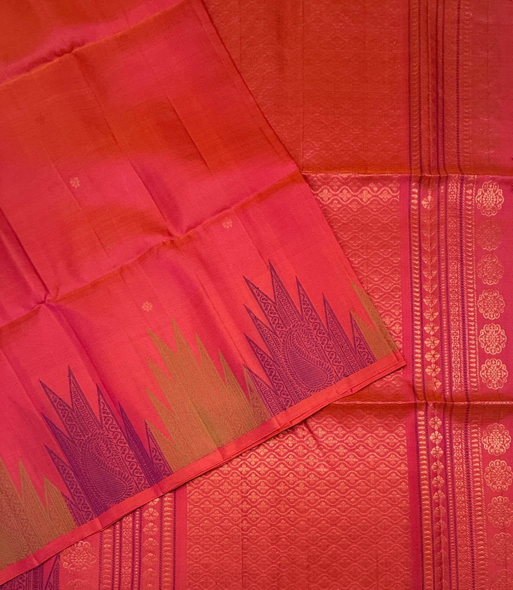 VST286 - pinkish orange green color body , color pallu , blouse - Pure silk saree