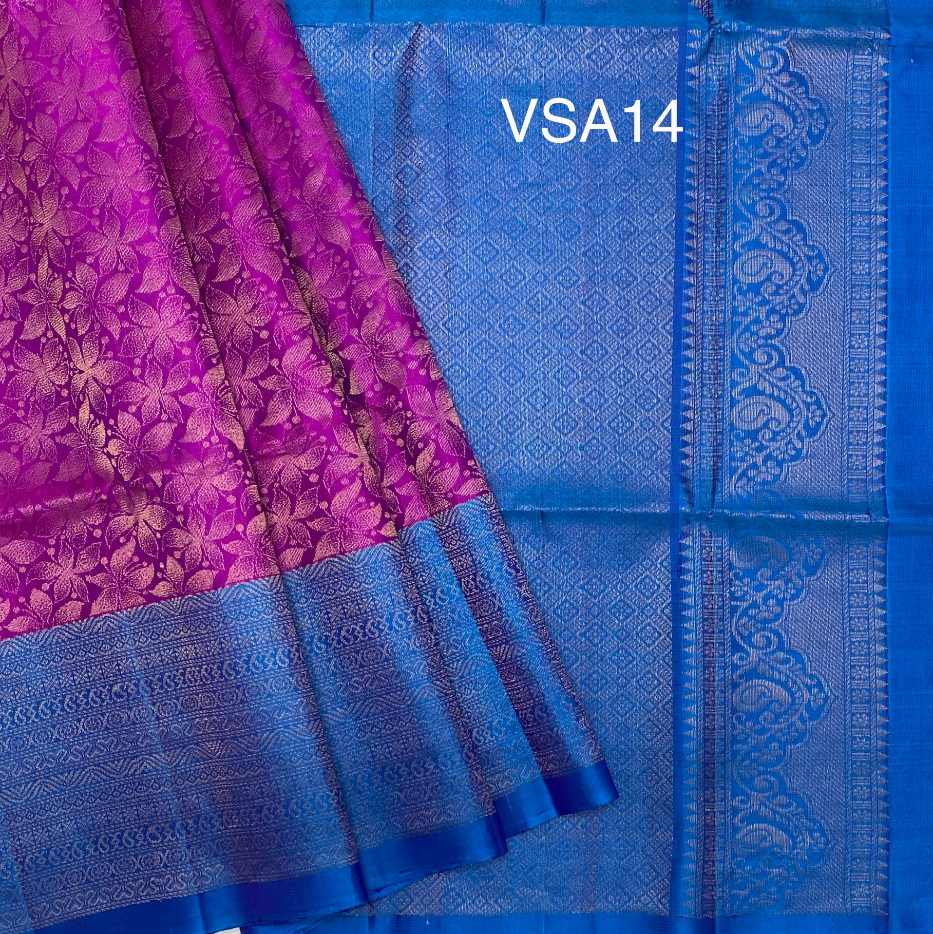 VSA14 - magenta color body & copper sulphate blue color pallu , blouse pure silk saree