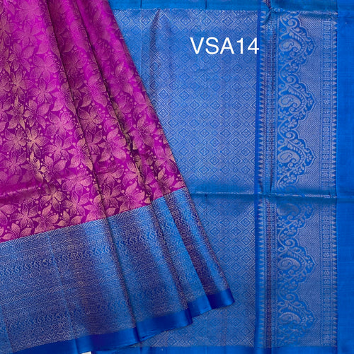 VSA14 - magenta color body & copper sulphate blue color pallu , blouse pure silk saree
