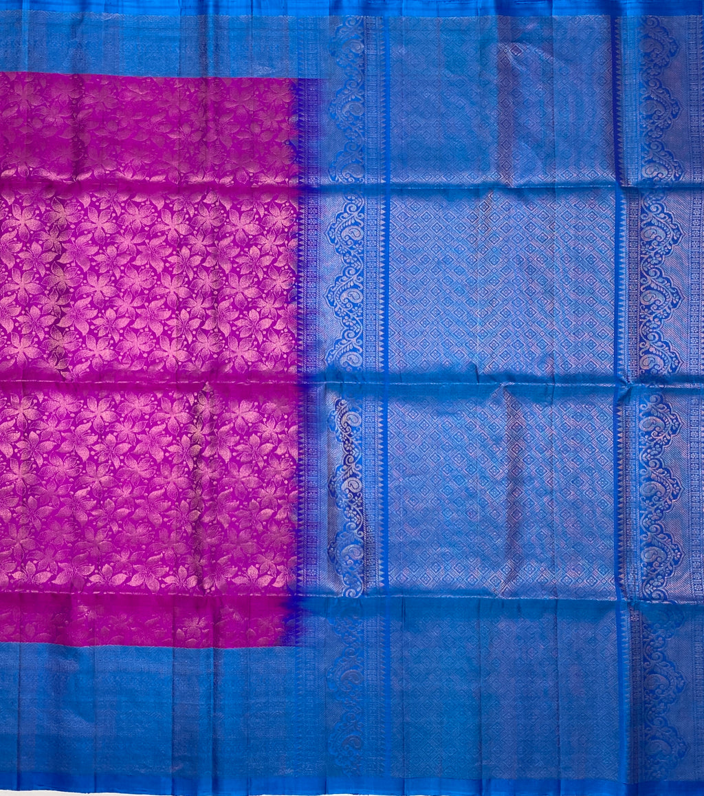 VSA14 - magenta color body & copper sulphate blue color pallu , blouse pure silk saree