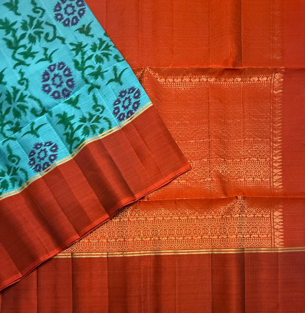 VSM396 - dual blue color body , orange color pallu , blouse