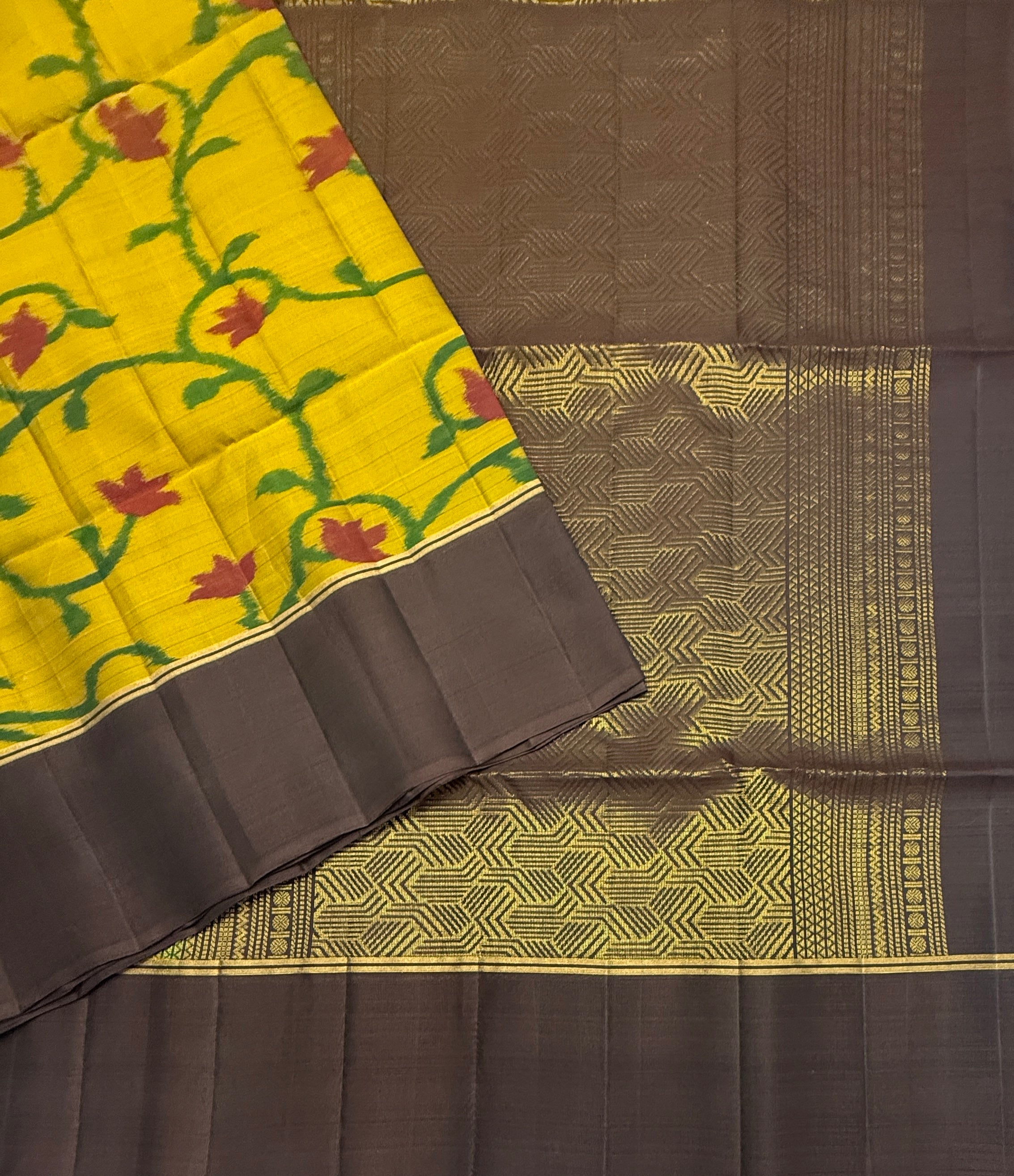 VSM397 - cowdung green color body , coffee brown color pallu , blouse