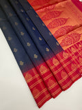 VSF1127 - navy blue color body , red color pallu,blouse - Pure silk saree