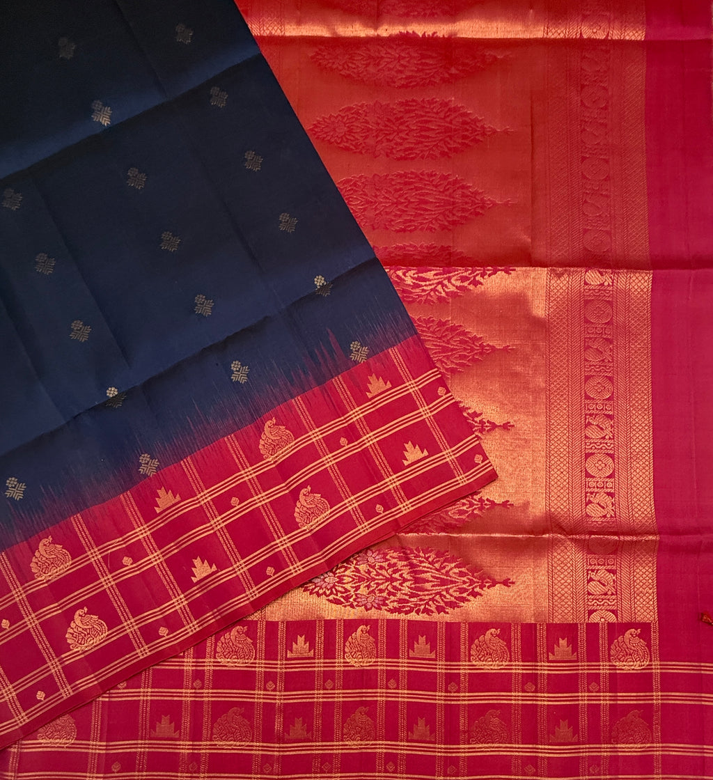 VSF1127 - navy blue color body , red color pallu,blouse - Pure silk saree