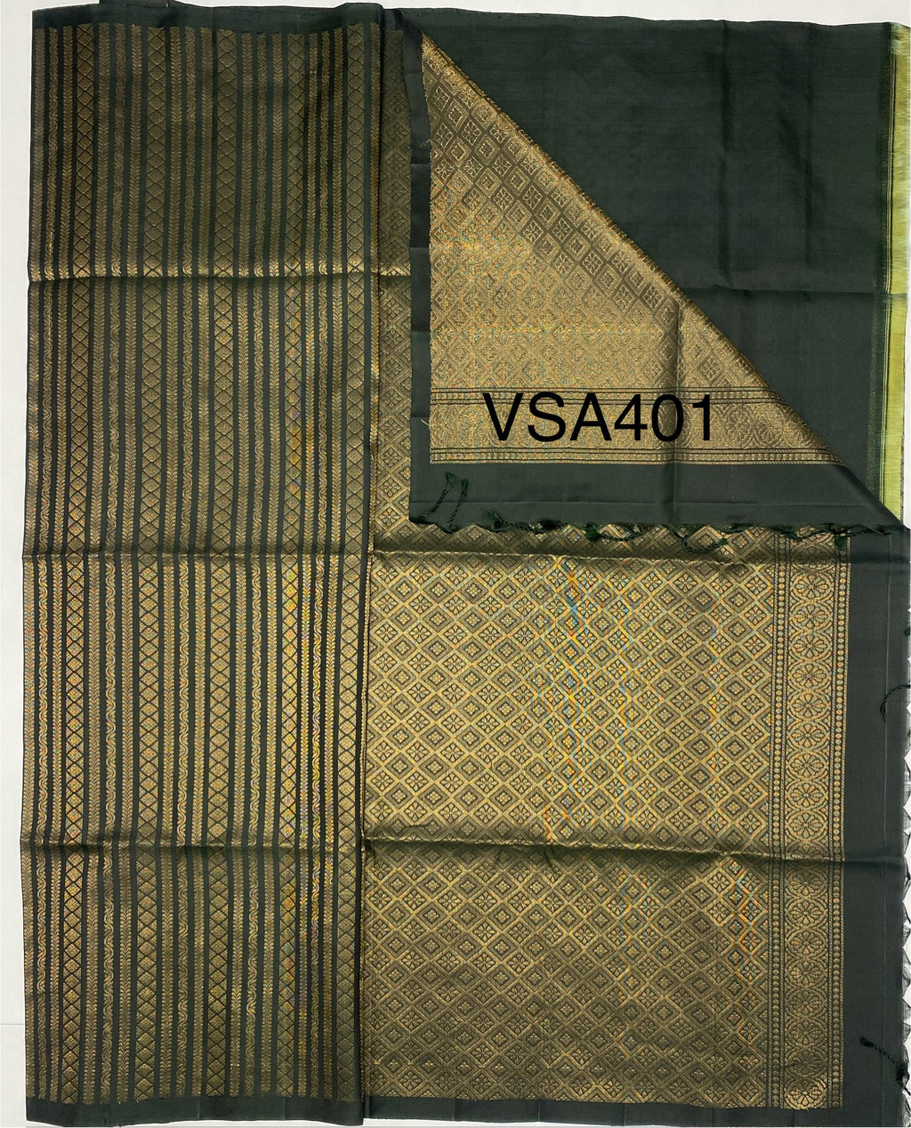 VSA401 - bottle green color body, pallu , blouse pure silk saree