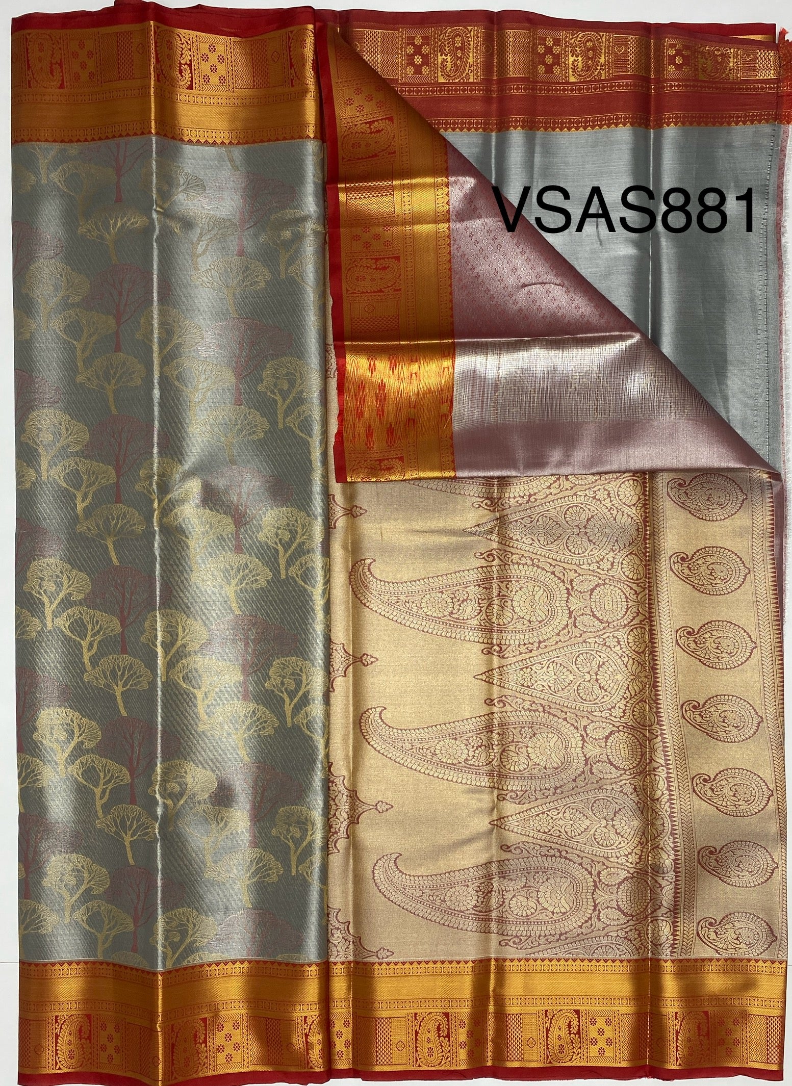 VSAS881 - grey color body , red color pallu , blouse.
