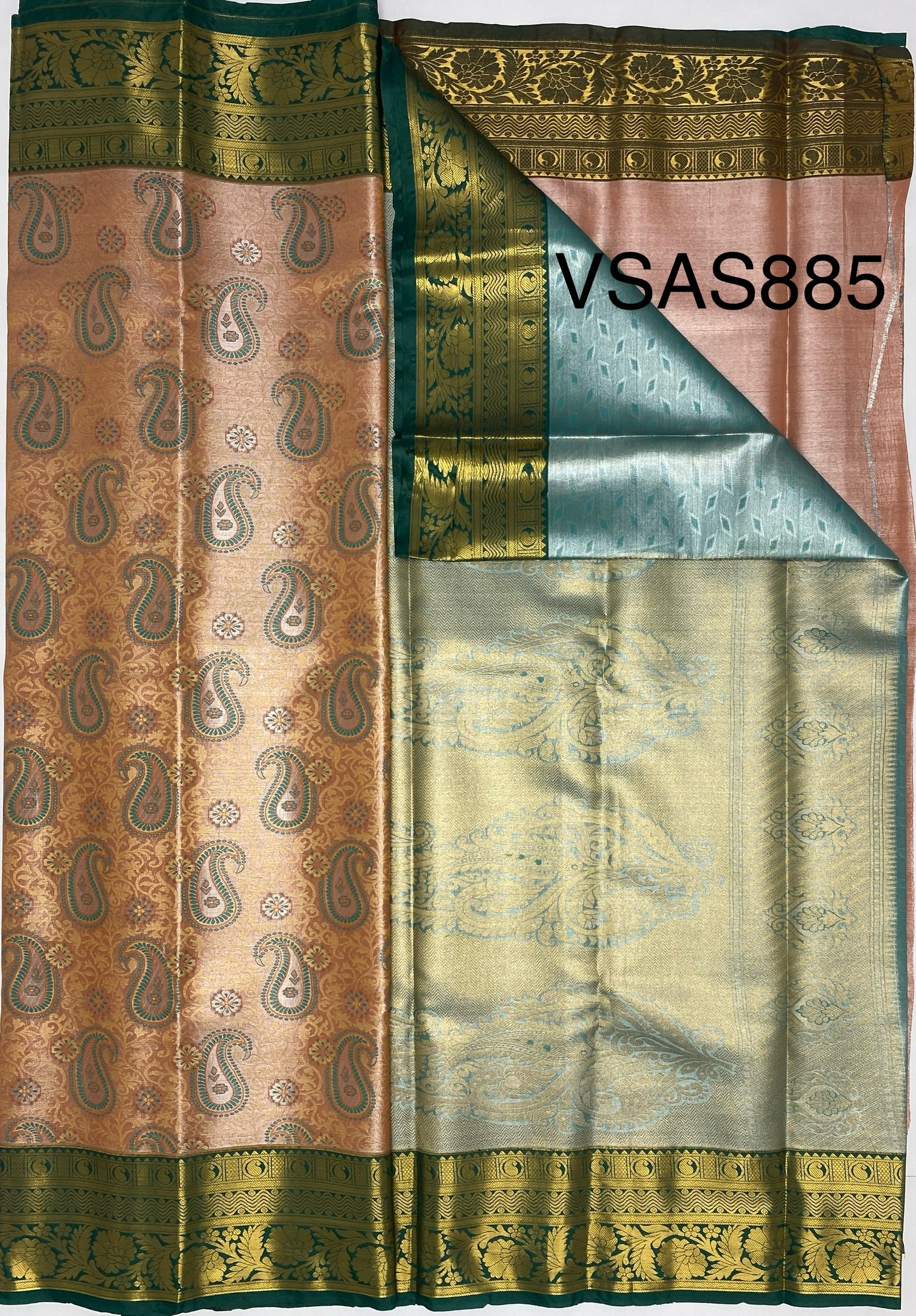 VSAS885 - light peach color body , green color pallu , blouse.
