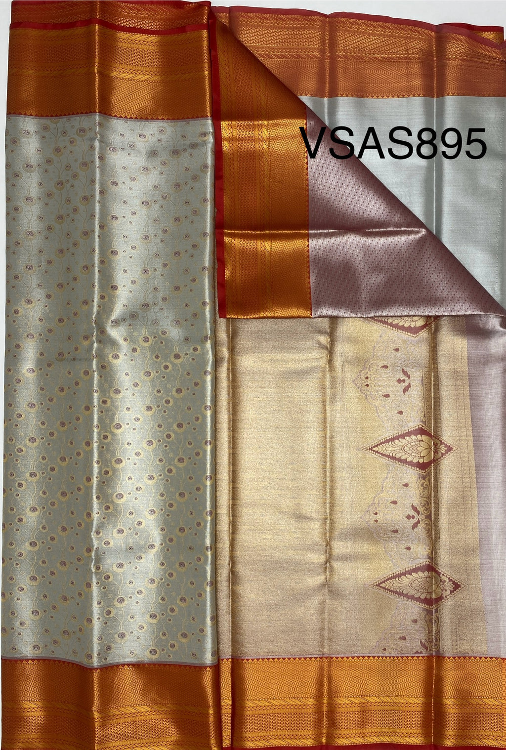 VSAS895 - silver grey color body , red color pallu , blouse.