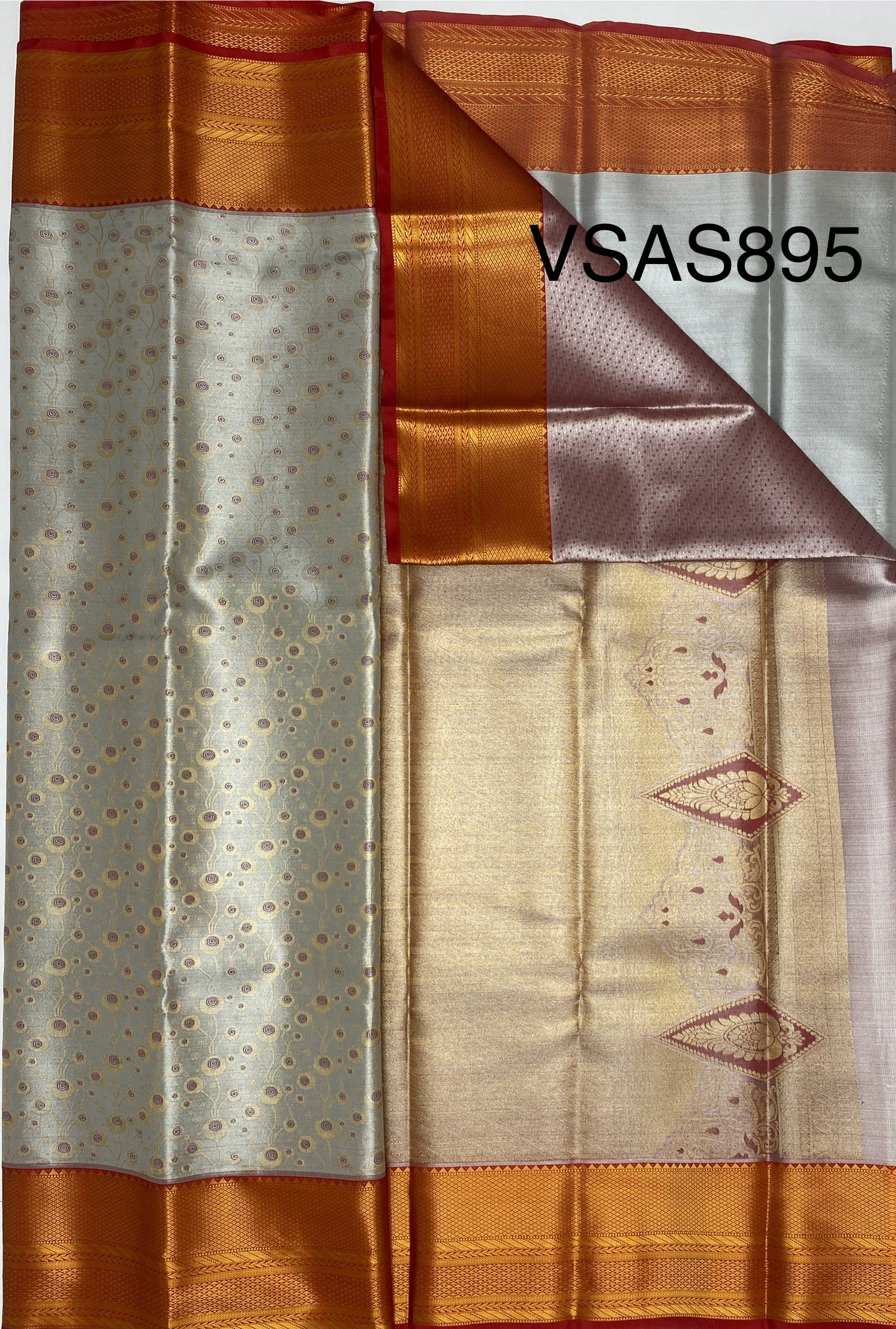 VSAS895 - silver grey color body , red color pallu , blouse.