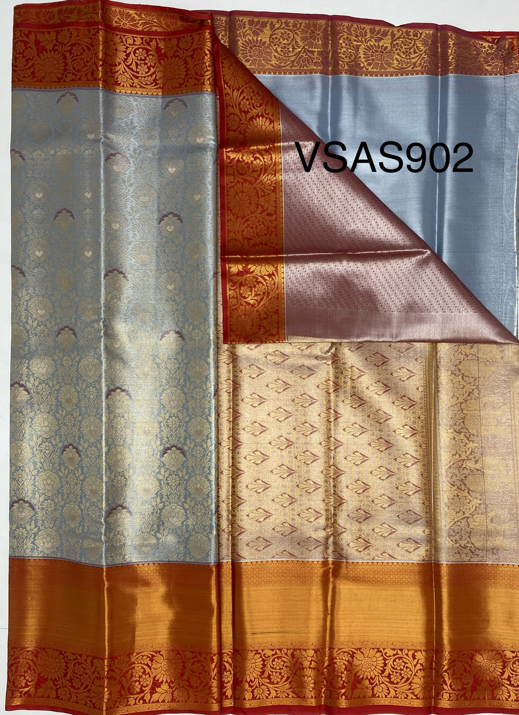 VSAS902 - bluish grey color body , red color pallu , blouse.