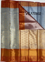VSAS902 - bluish grey color body , red color pallu , blouse.