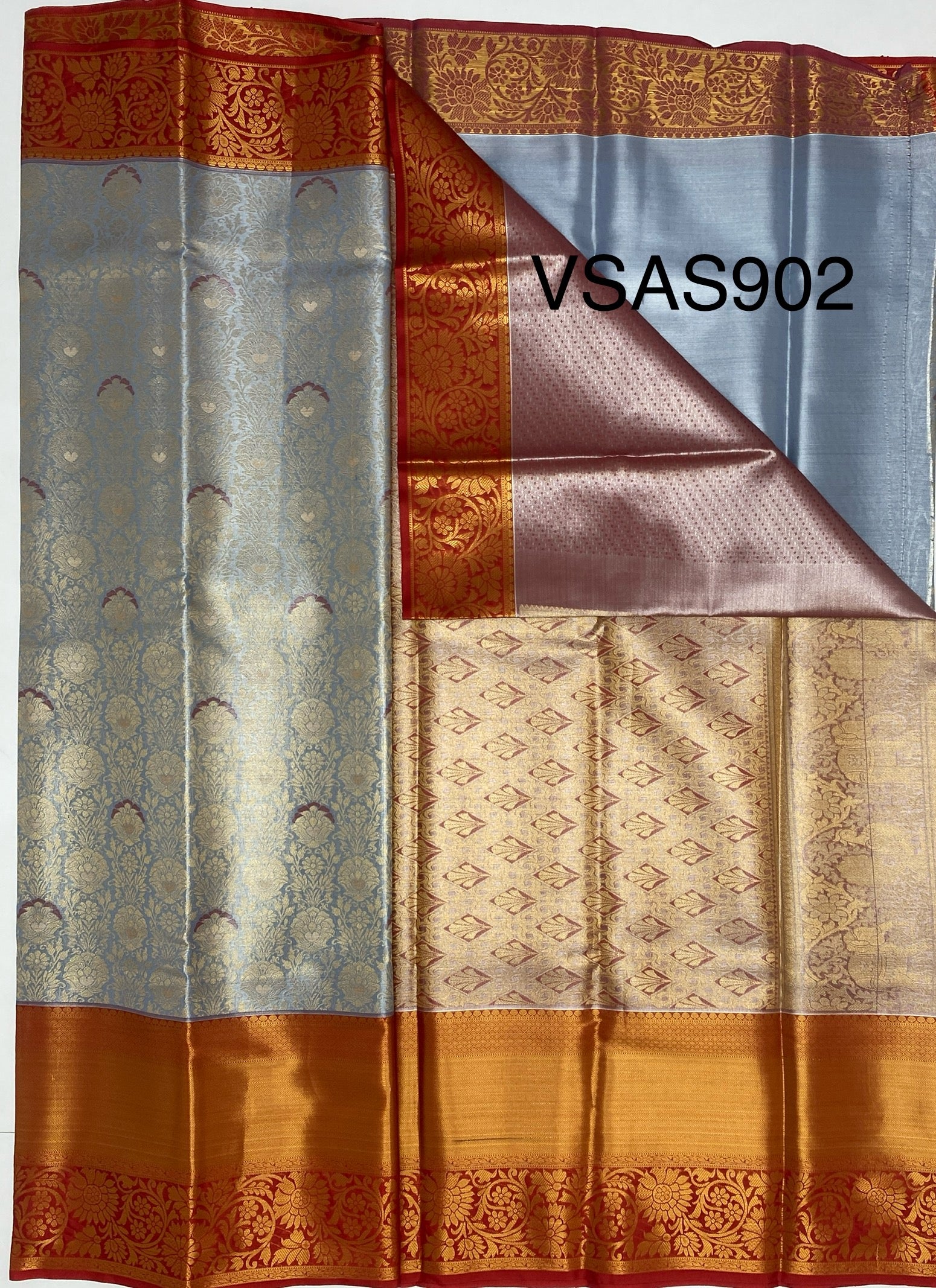 VSAS902 - bluish grey color body , red color pallu , blouse.