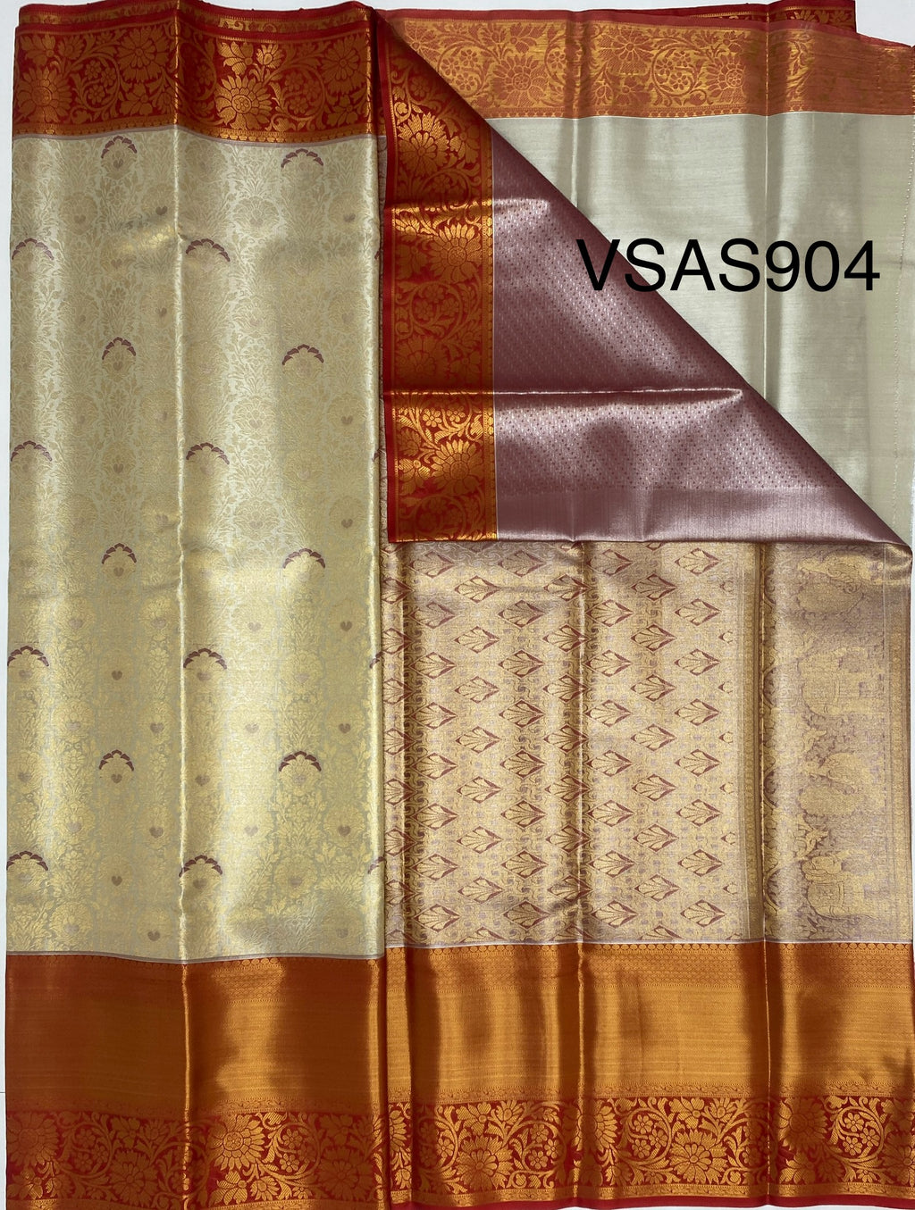 VSAS904 - light golden color body , red color pallu , blouse.