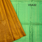 VSA32 - mustard yellow color body & light green color pallu , blouse pure silk saree