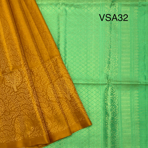 VSA32 - mustard yellow color body & light green color pallu , blouse pure silk saree