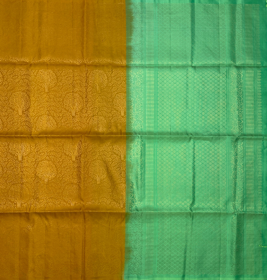 VSA32 - mustard yellow color body & light green color pallu , blouse pure silk saree