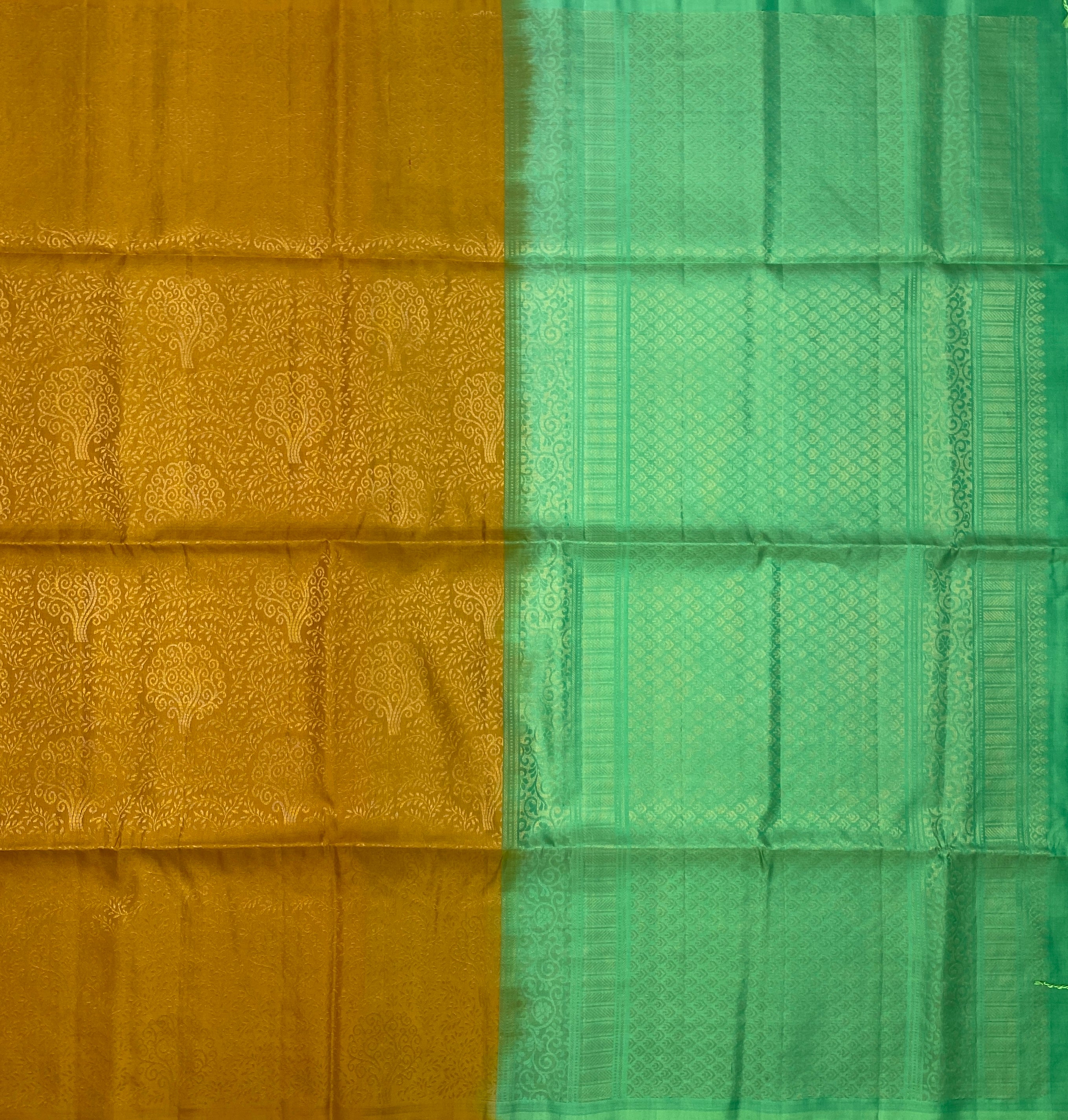 VSA32 - mustard yellow color body & light green color pallu , blouse pure silk saree