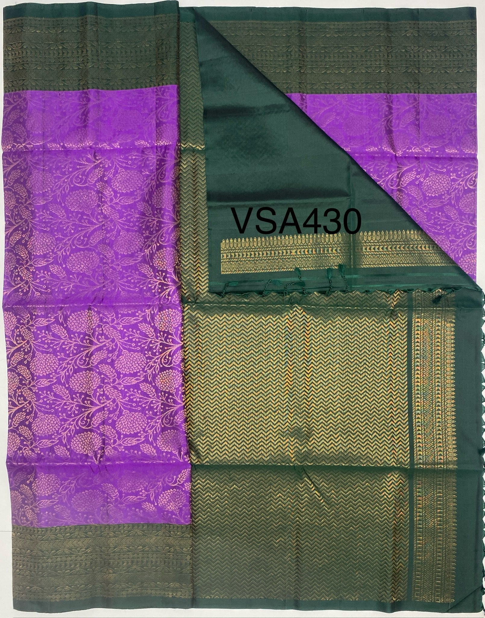 VSA430 - violet color body & bottle green color pallu , blouse pure silk saree