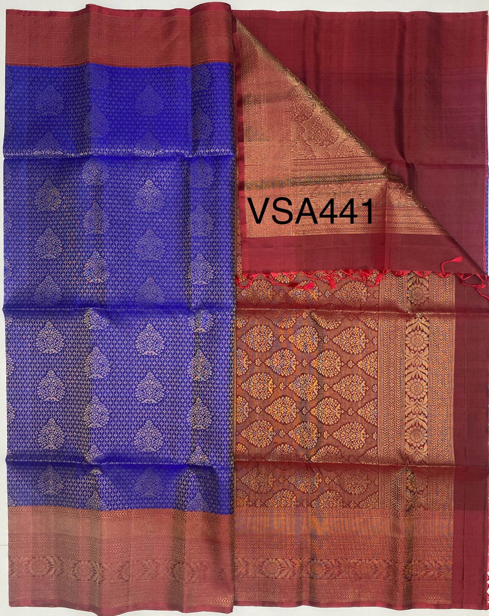 VSA441 - royal blue color body & maroon color pallu , blouse pure silk saree