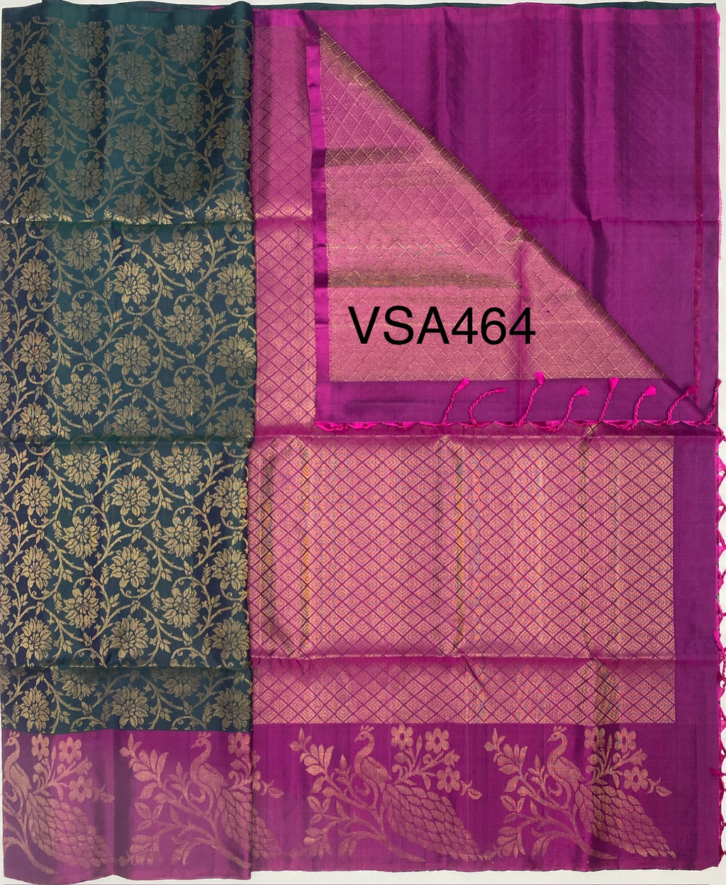 VSA464 - peacock blue color body & magenta color pallu , blouse pure silk saree